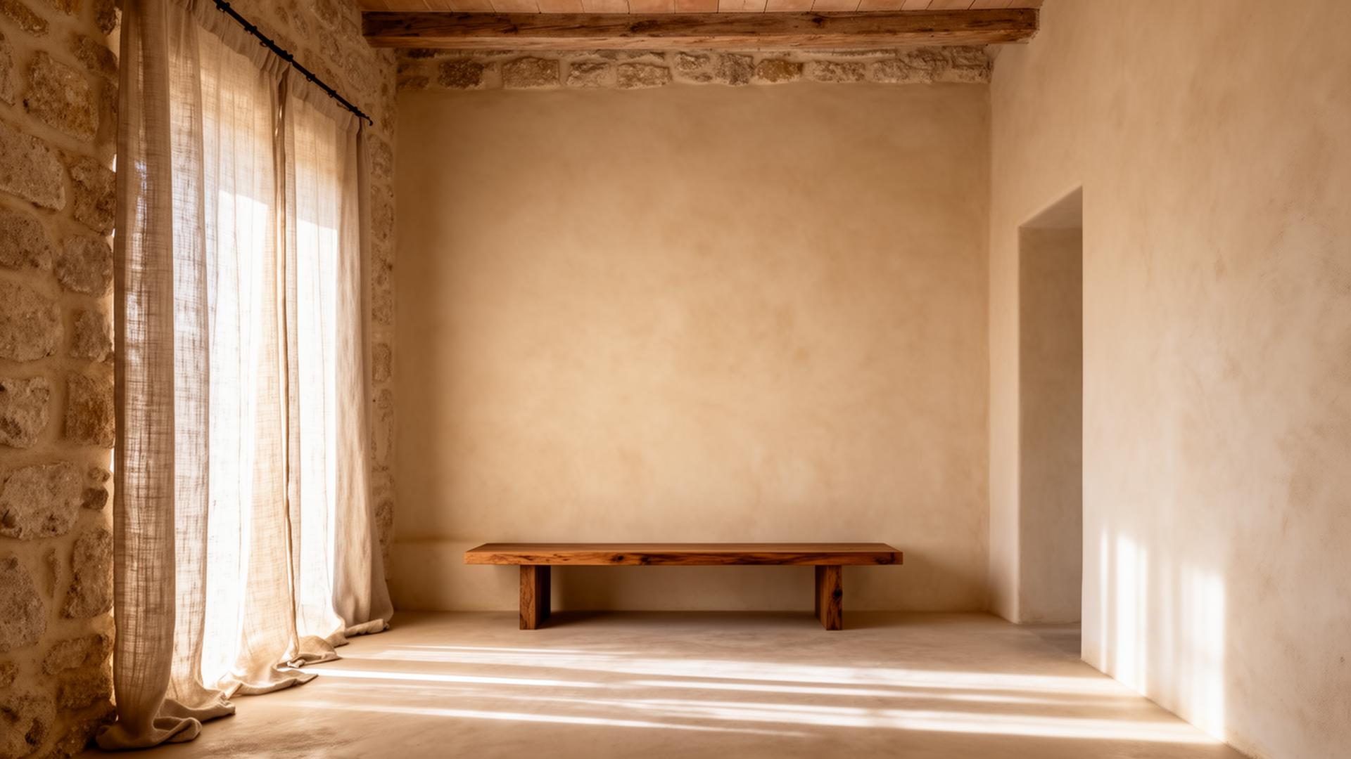 Soft morning light on lime-washed stone