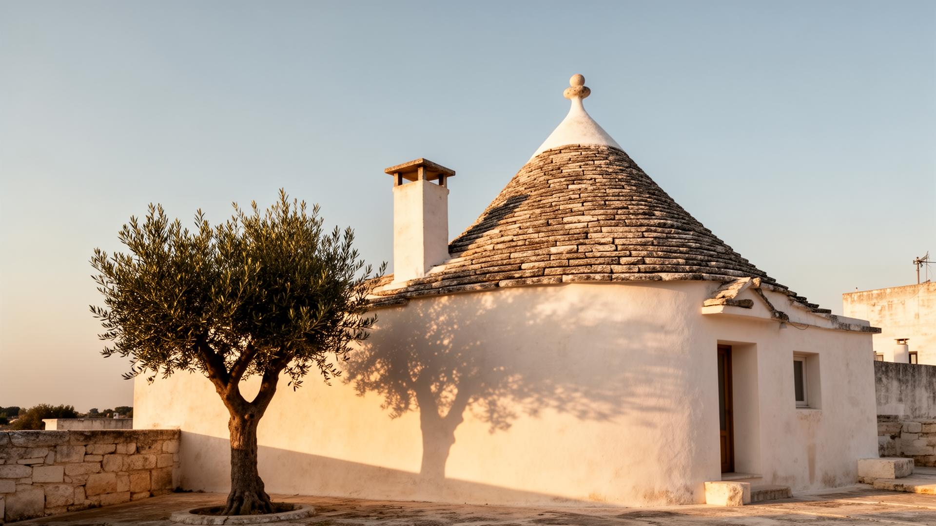 Restored trullo in soft afternoon light, surrounded by olive trees